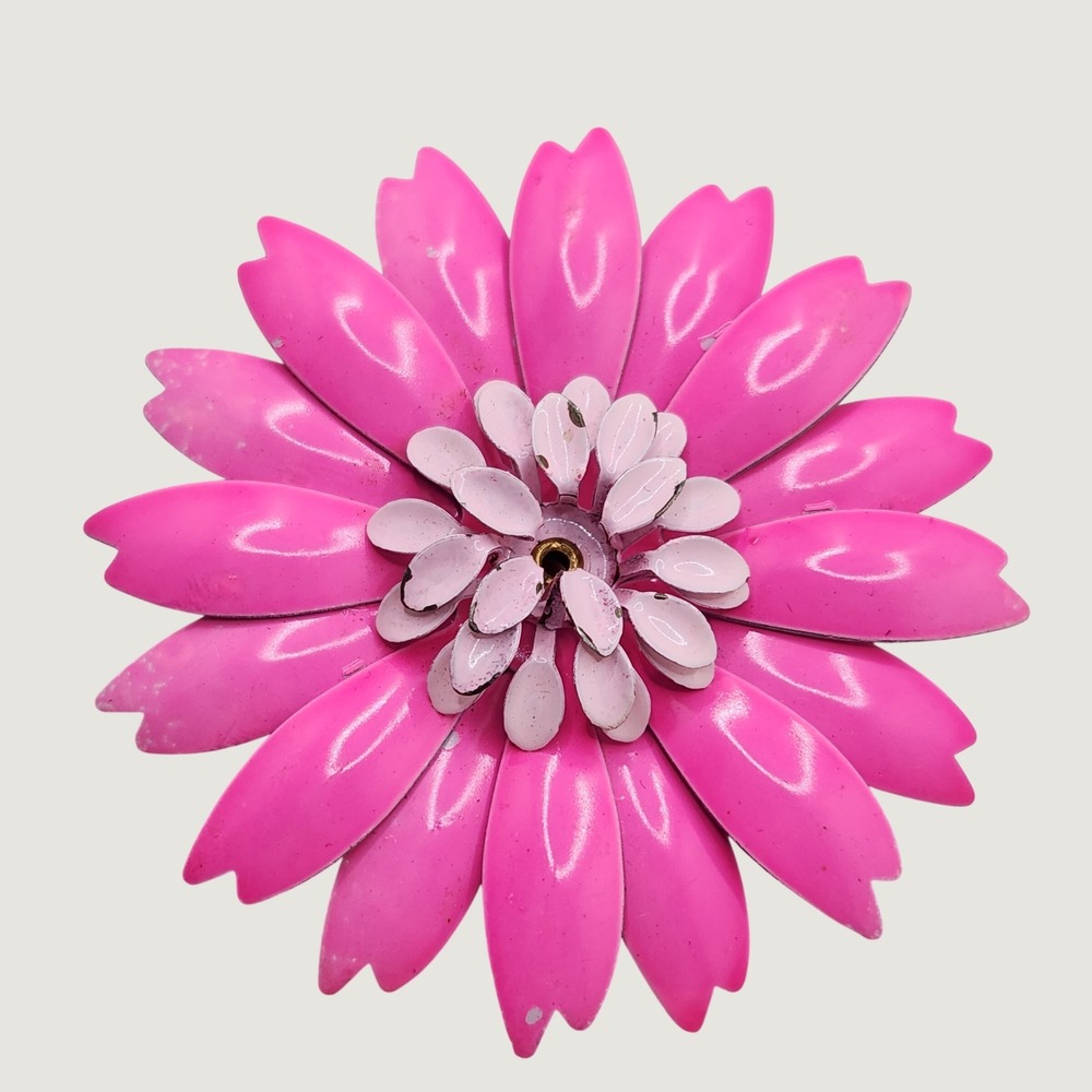 Vintage Hot Pink Enamel Flower Brooch Mod Pop Art Retro Daisy Pin 1960s